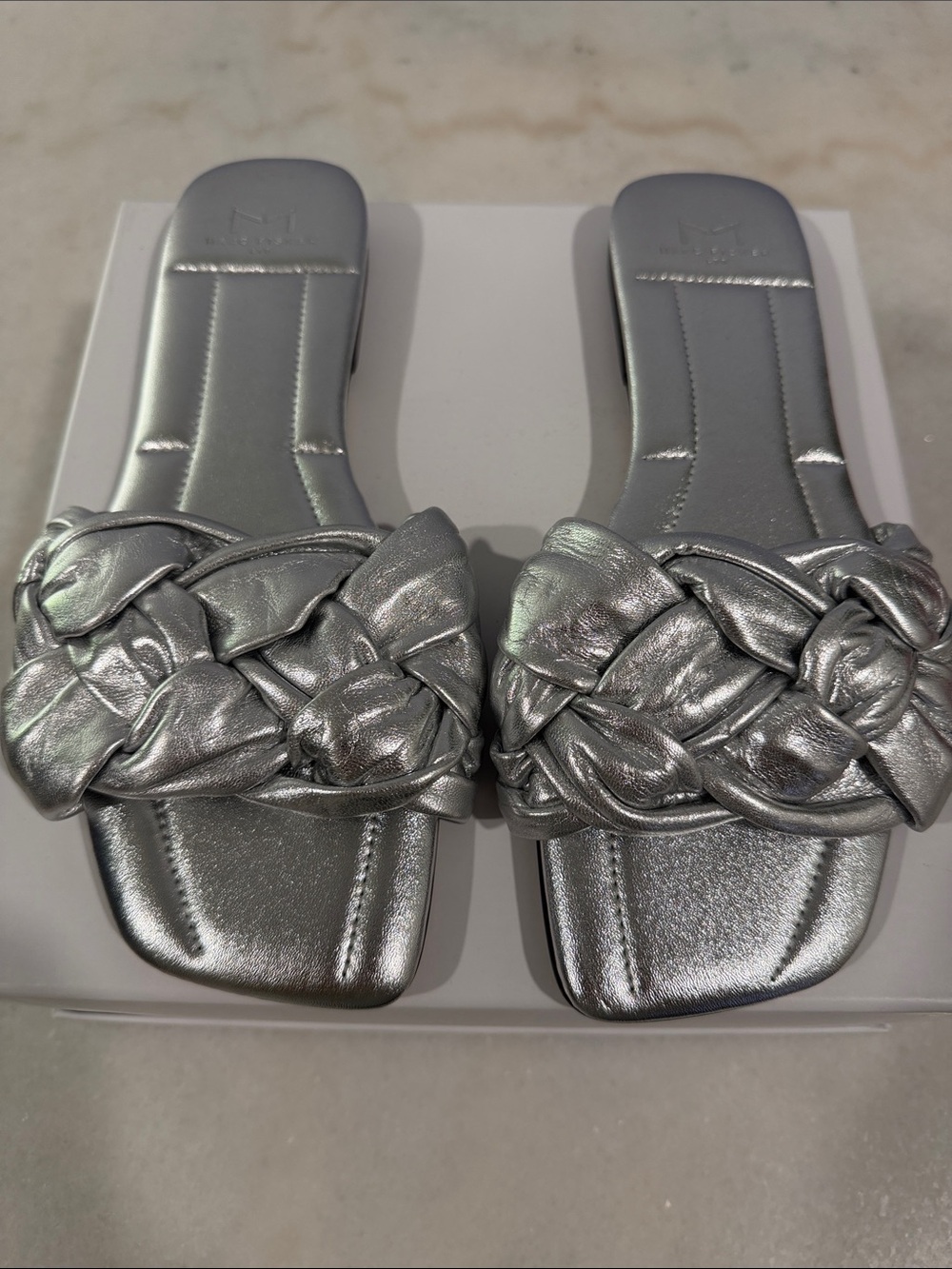 Marc Fisher Braided Metallic Silver Slide Sandals